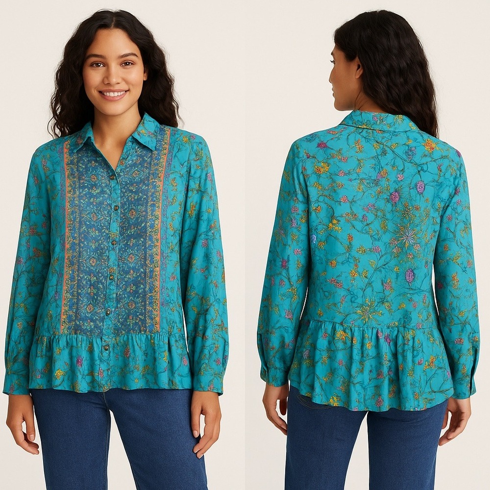 Lola P. Floral Button Down Top Long Sleeve Ruffle Hem Bohemian‎ Teal Size Medium